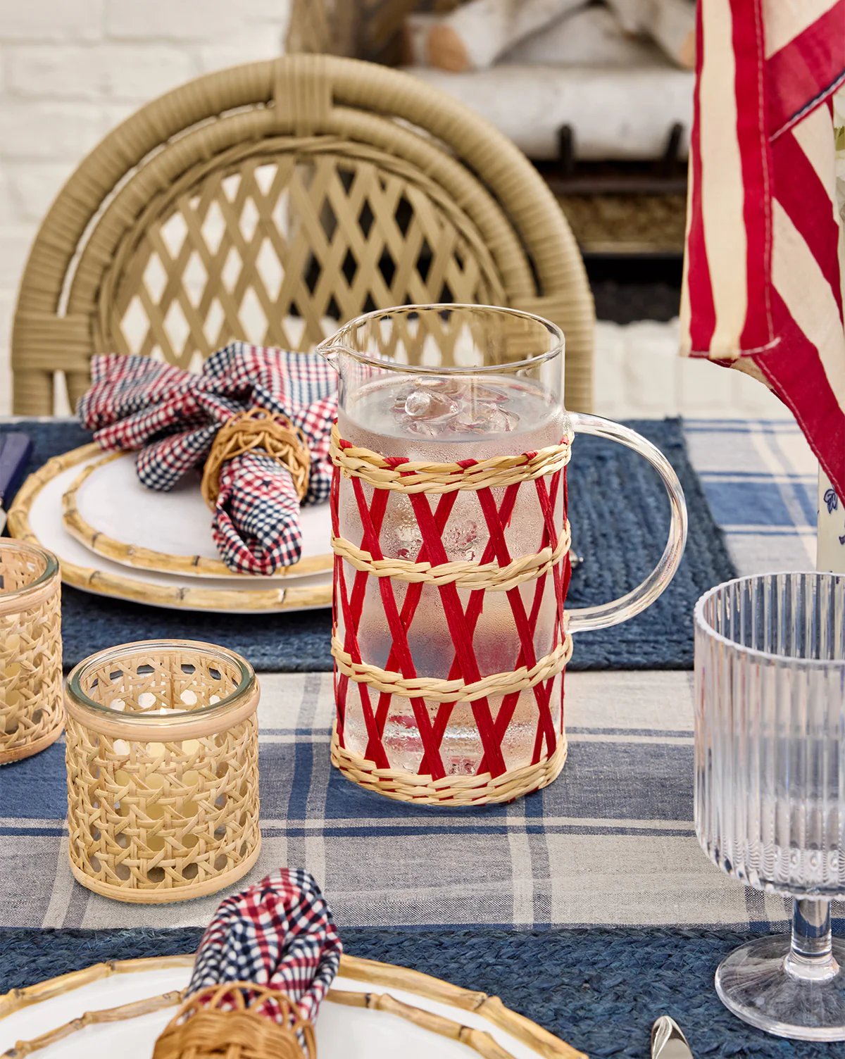 Glass Pitcher in Red & Natural Raffia Sleeve